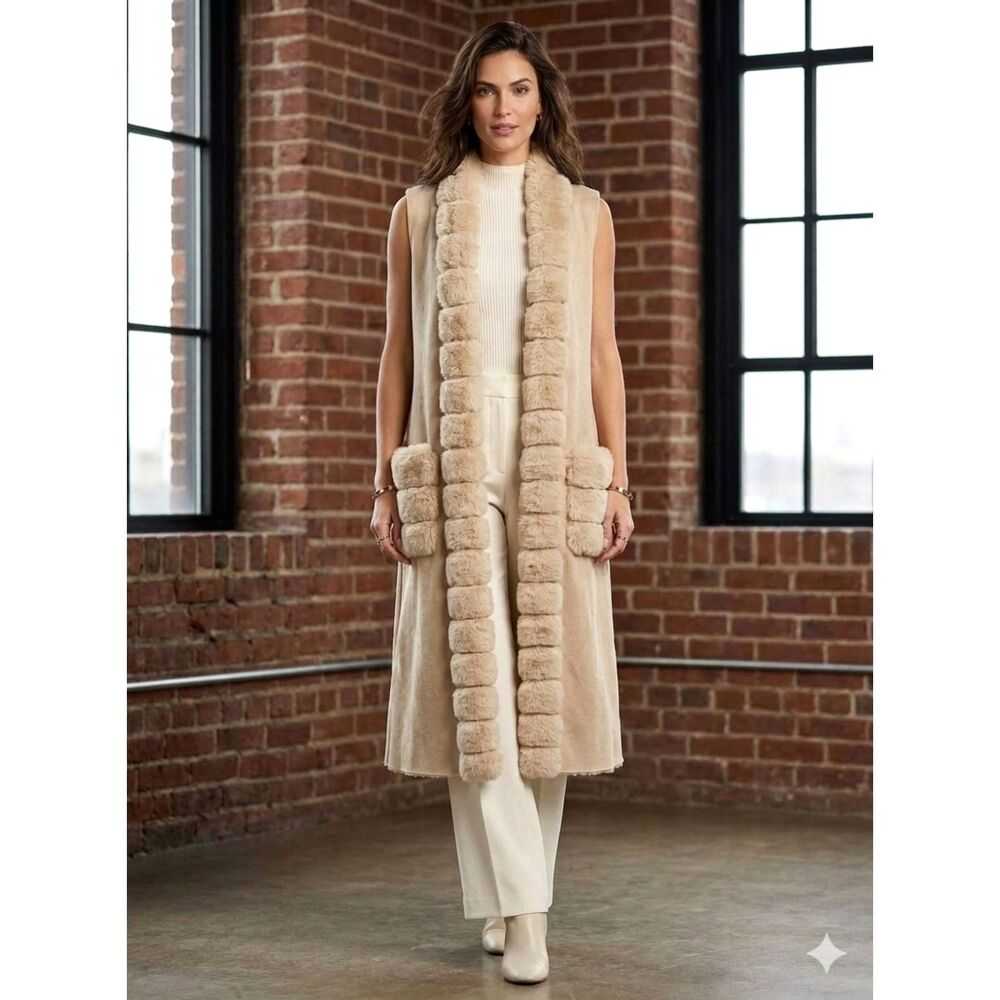 Penny Lane Faux Fur Duster Open Cardigan Wn M Beige Pockets Boho Old Money Y2K
